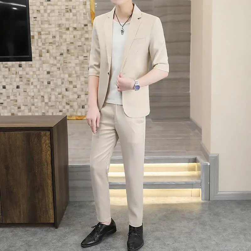 Business Casual One Button Suit Men's Sets Summer Solid Color Slim Fit Short Sleeve Blazers & Pants Two-Pieces Set Clothing