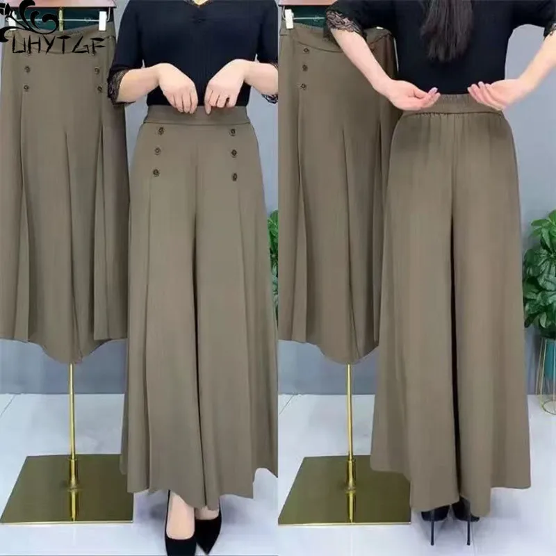 

UHYTGF Wide Leg Pants Women's Summer New High Waist Fashion Loose Double Breasted Elastic Waist Female Nine-Point Trouser Skirt