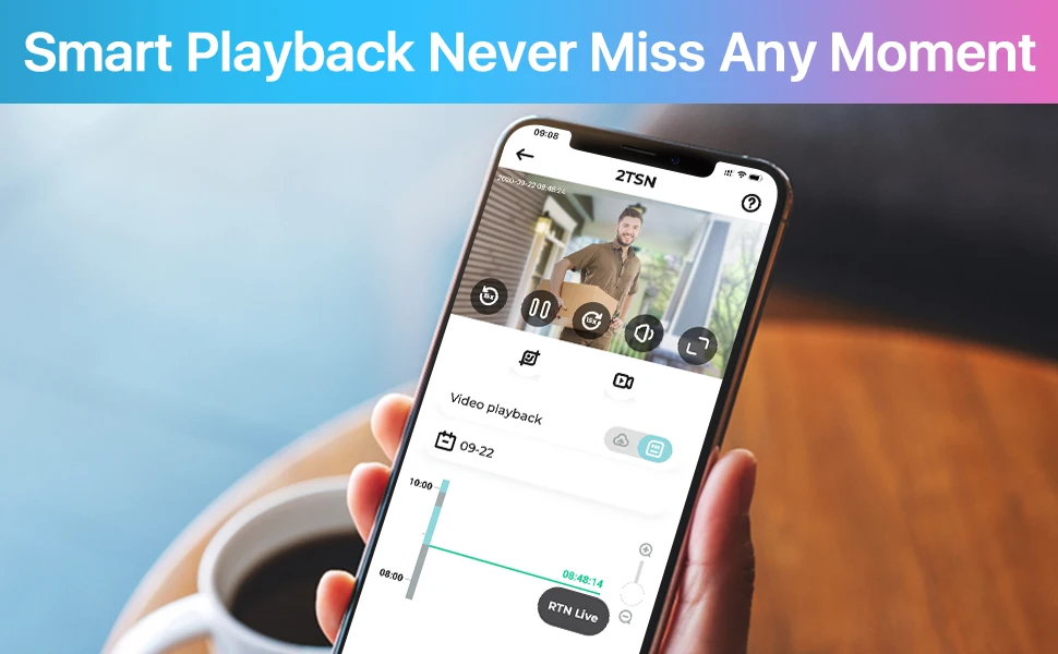Hand holding a smartphone displaying a video playback app interface with smart playback never miss any moment, featuring quick setup for user convenience.
