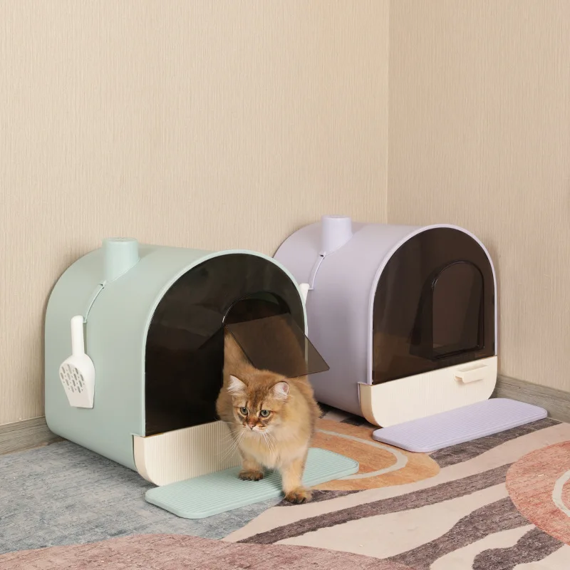 

Fully Enclosed Litter Pan Splash Proof Cabin Shape Drawer Lift Lid Large Space Cat Litter Pan Includes Foot Pad and Litter Scoop