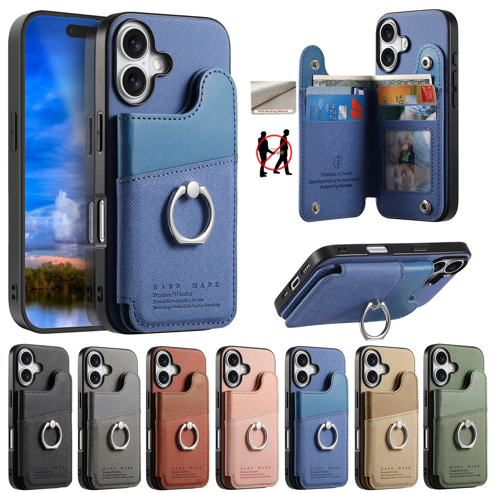 Fabric Stand Wallet Case with Ring Bracket and Card Holder Phone Cover
