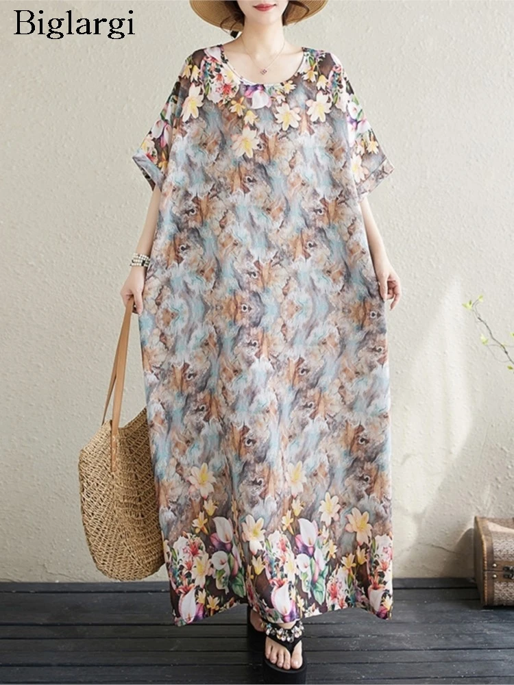 

Oversized Summer Flower Floral Print Long Robe Dress Women Bohemian Loose Pleated Modis Ladies Dresses Short Sleeve Woman Dress