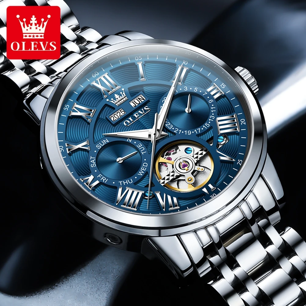 Mechanical Watch OLEVS 6668 Original Men&rsquo;s Multifunctional Skeleton Waterproof Stainless Steel Strap Business Automatic Mechanical Watch
