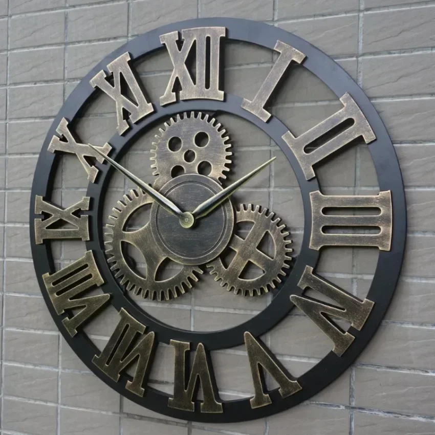 Vintage Industrial Wall Clock – 3D Gears Design with Roman Numerals, Retro Gold & Silver Finish 4