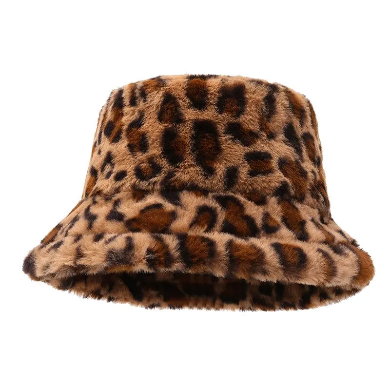 Women Hat Winter Show Face Little Leopard Print Fisherman Hat Versatile Warm Pot Ins Plush Bucket