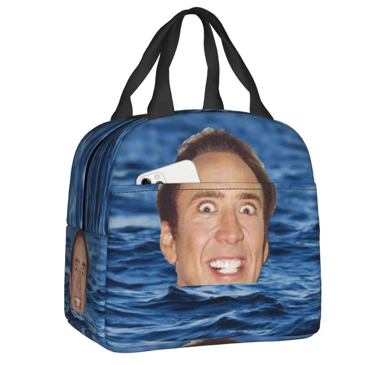 

Nicolas Cage In Sea Insulated Lunch Bag for Women Portable Funny Meme Cooler Thermal Lunch Box Beach Camping Travel