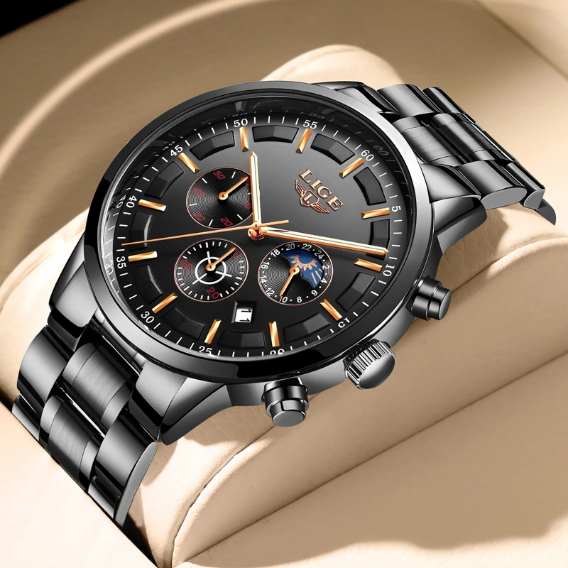 LIGE Men Watches Steel Wristwatch Sport Waterproof Chronograph Analog Quartz Watch Man Business Date Clock Luxury Watch for Men