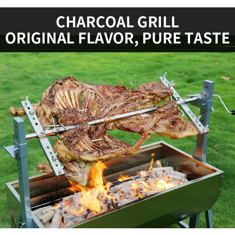 Rotisserie Grill Electric Motor Charcoal Spit Grill Stainless Steel Roaster/Lockable Wheels for Camping Outdoor 5