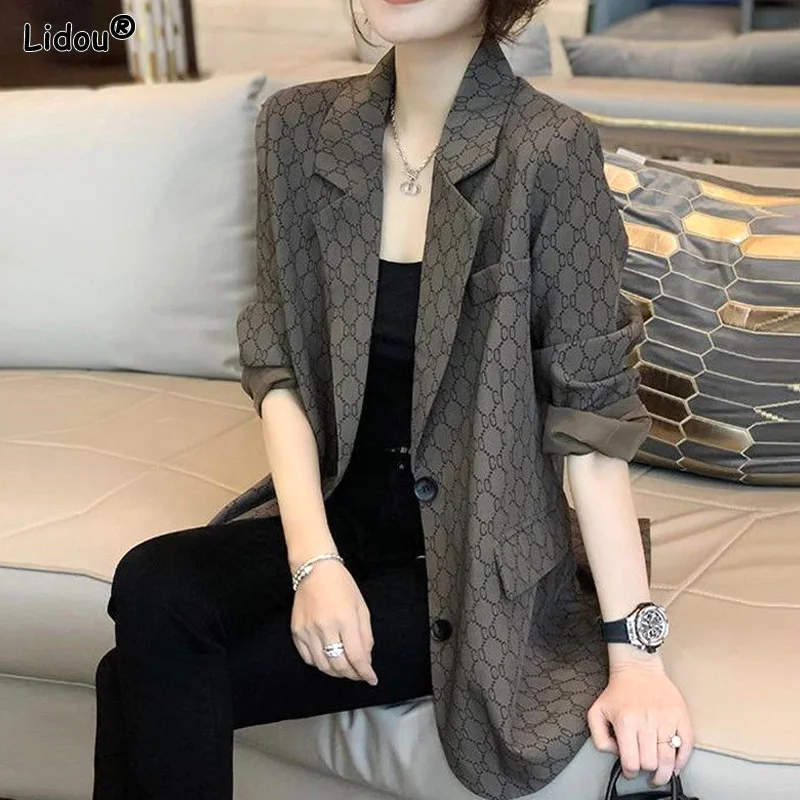 Formal Temperament Blazers Patchwork Pockets Geometric Button Casual Women's Clothing Office Lady Autumn Winter Thin Notched