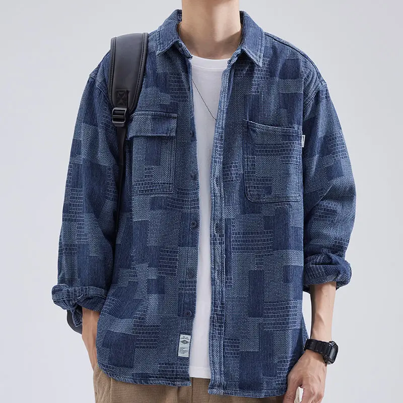 

Workwear shirt, men's long sleeved shirt, autumn loose fitting Japanese trendy brand lapel casual ruffian handsome denim shirt j