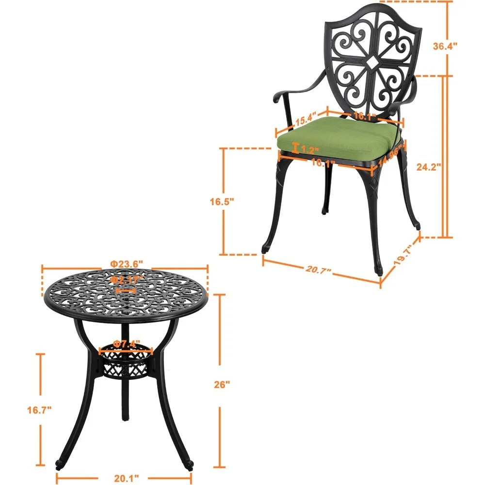 3-Piece Cast Aluminum Bistro Set with Cushions 6