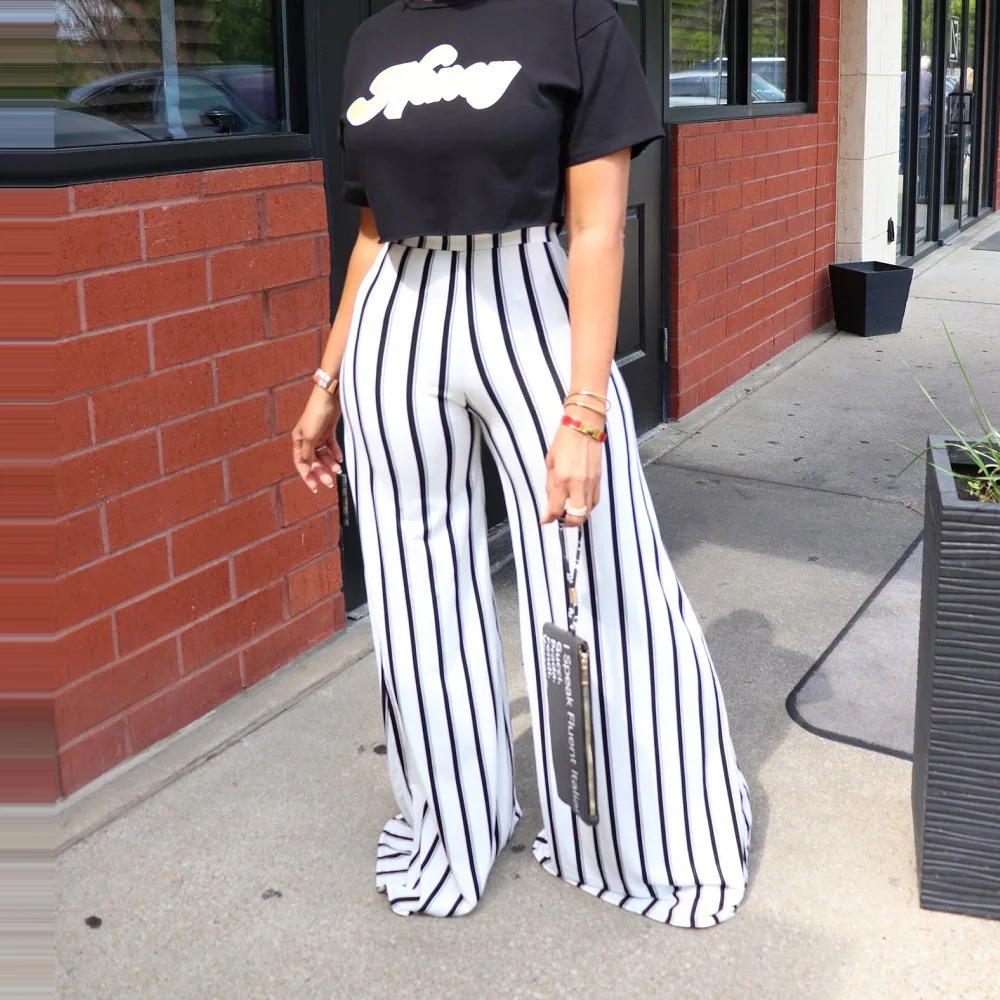 OL6118 New European and American Women's Striped Loose Straight Leg Wide Pants