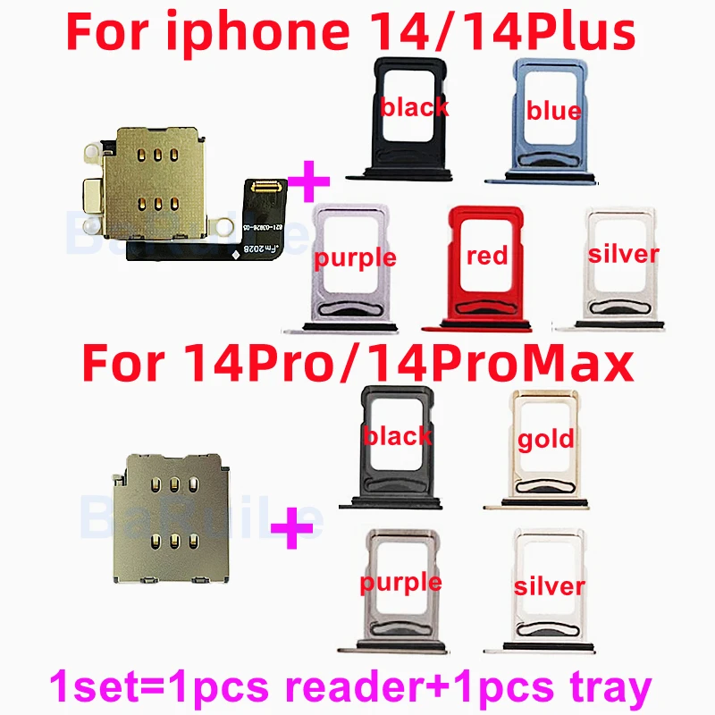 BaRuiLe 5sets For iphone 11 12 14 Pro Max 13 XR Dual Sim Card Reader Adapter + Dual Sim Tray holder For iPhone 14 Plus