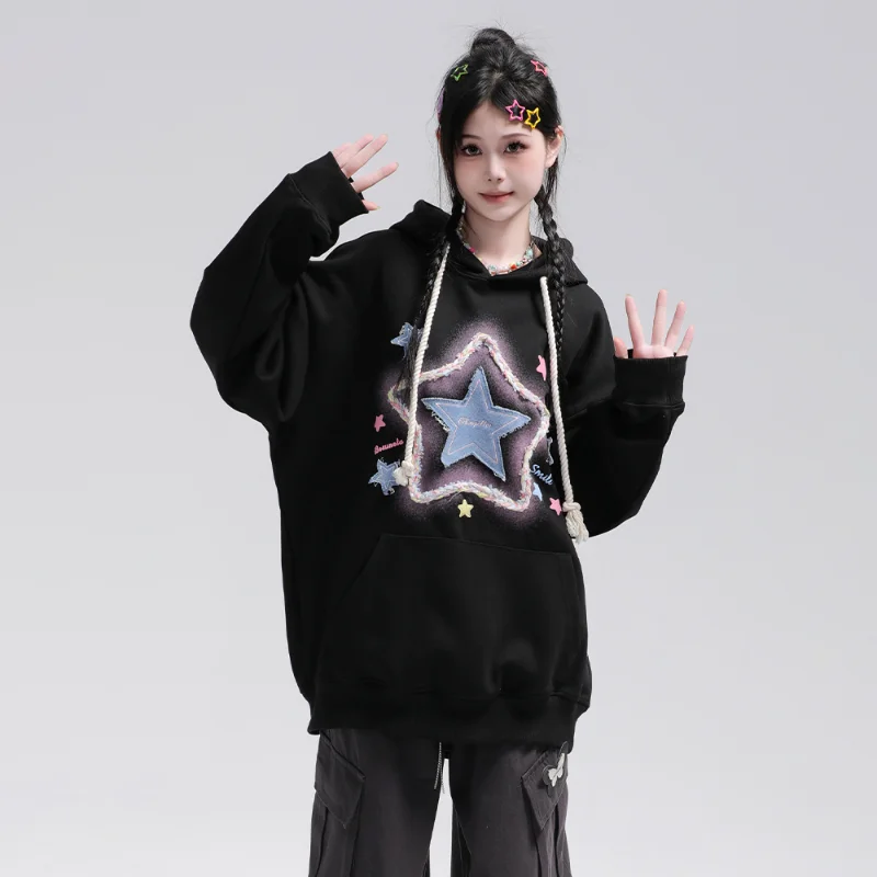 Sudadera con capucha mujer bordado estrella estilo retro americano_voghion.com
