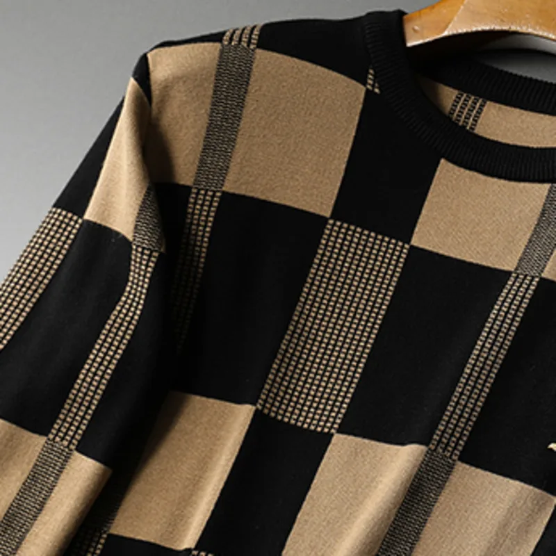 Fall Lattice Letter Print Contrasting Color Men Long Sleeve Slim Knitted Pullover Sweater Social Dress Shirt Streetwear Clothing