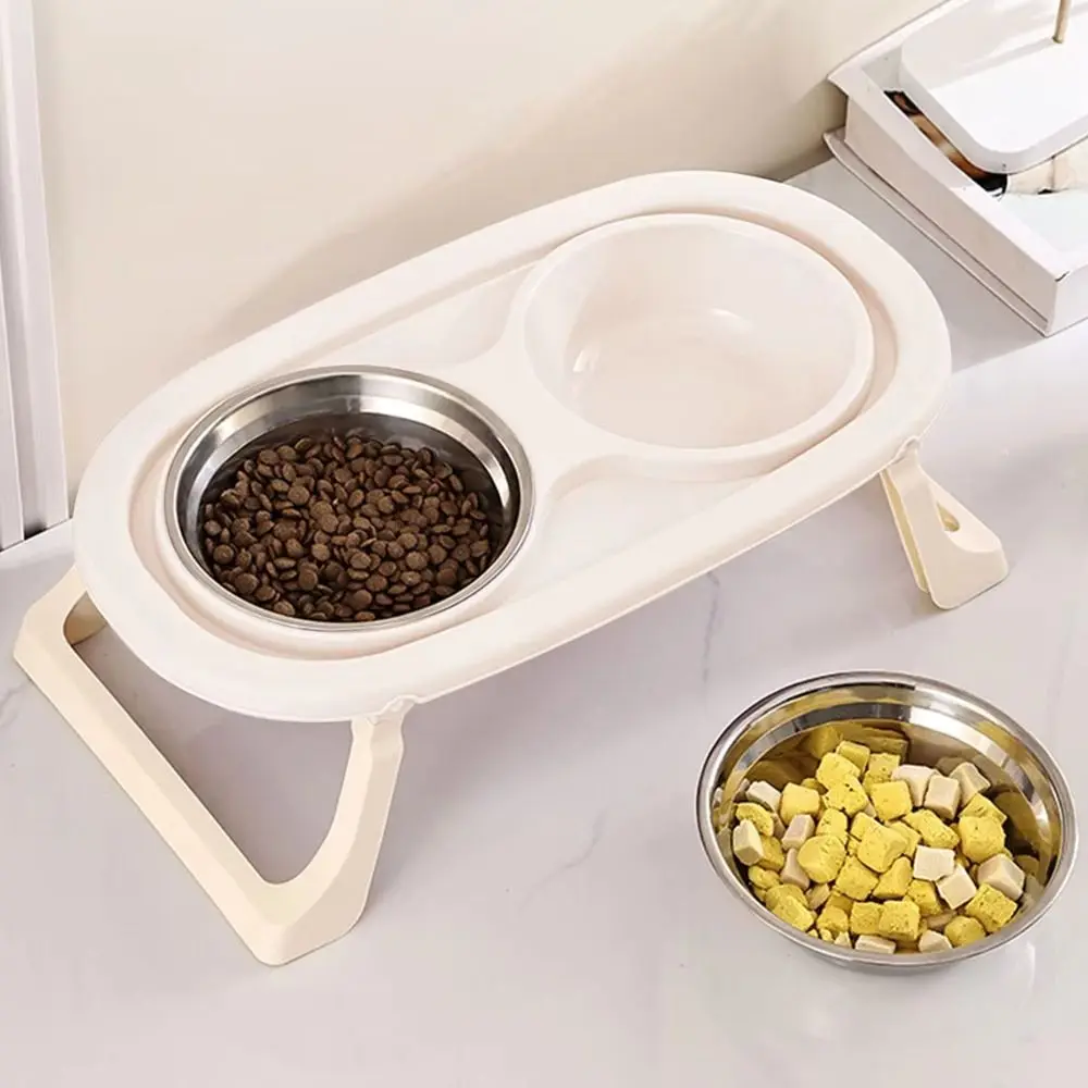 Double Bowls Pet High Footed Bowl Anti-flip Detachable Cat Food Water Bowl Anti-vomiting with Foldable Stand