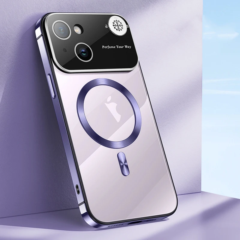 Creative Aromatherapy Large Window Stainless Steel Phone Case For iPhone 15 14 13 Promax Magnetic All-inclusive Anti-drop Shell