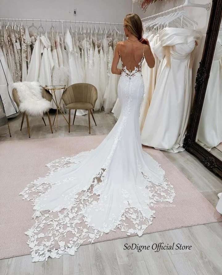 SoDigne Mermaid Satin Wedding Dresses V-neck Spaghetti Straps Lace Appliques Bridal Dress Long 2025 Bride Gown Customized 3