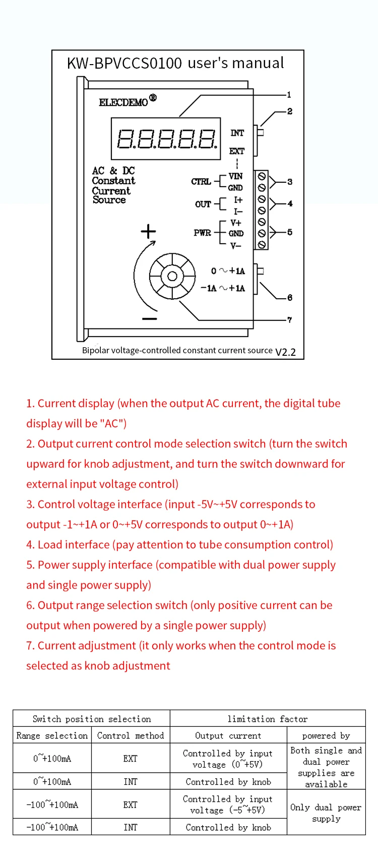 Voltage-controlled constant current source module positive and negative 100mA AC