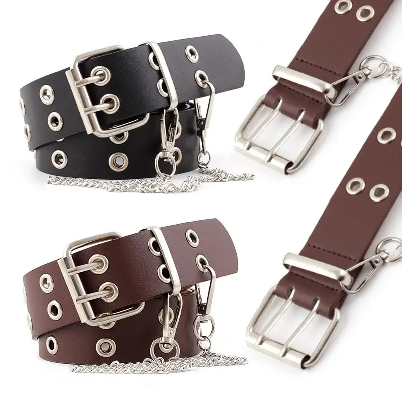 

Fashion Harajuku Belt Adjustable Double/Single New Women Punk Alloy Chain Row Hole Eyelet Waistband Retro Decorative Waist Belts