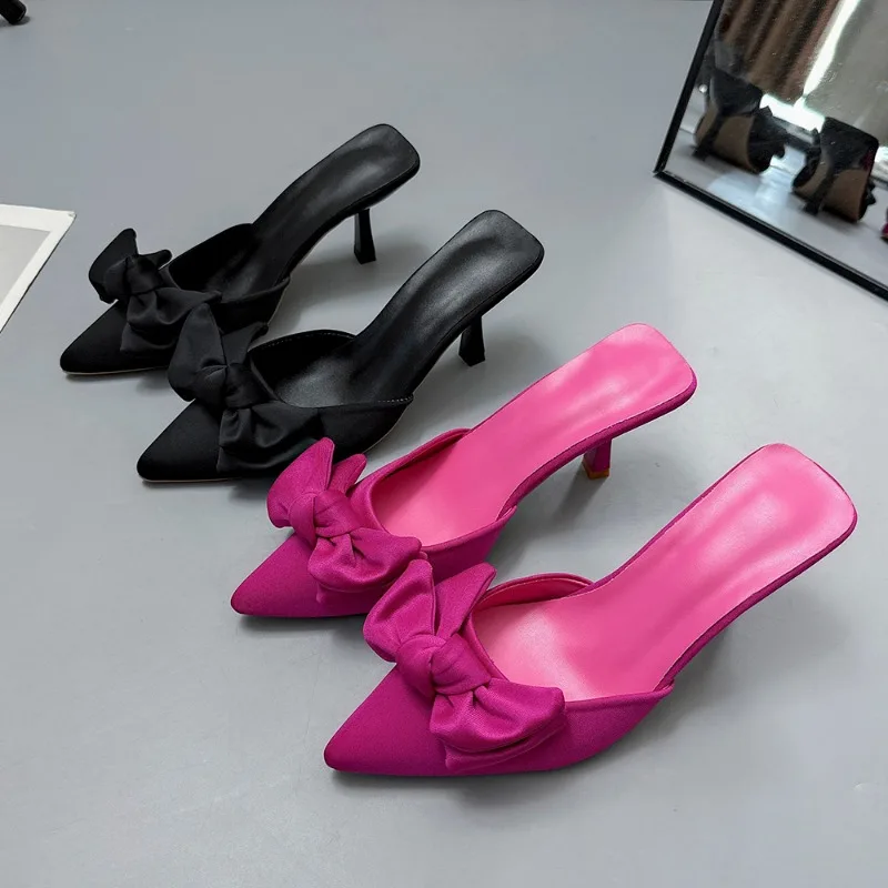 Womens Slippers2024summer New Style High Heels Fashionable Bow Decoration Pointed Slippers Large Size Womens Banquet Party Shoes