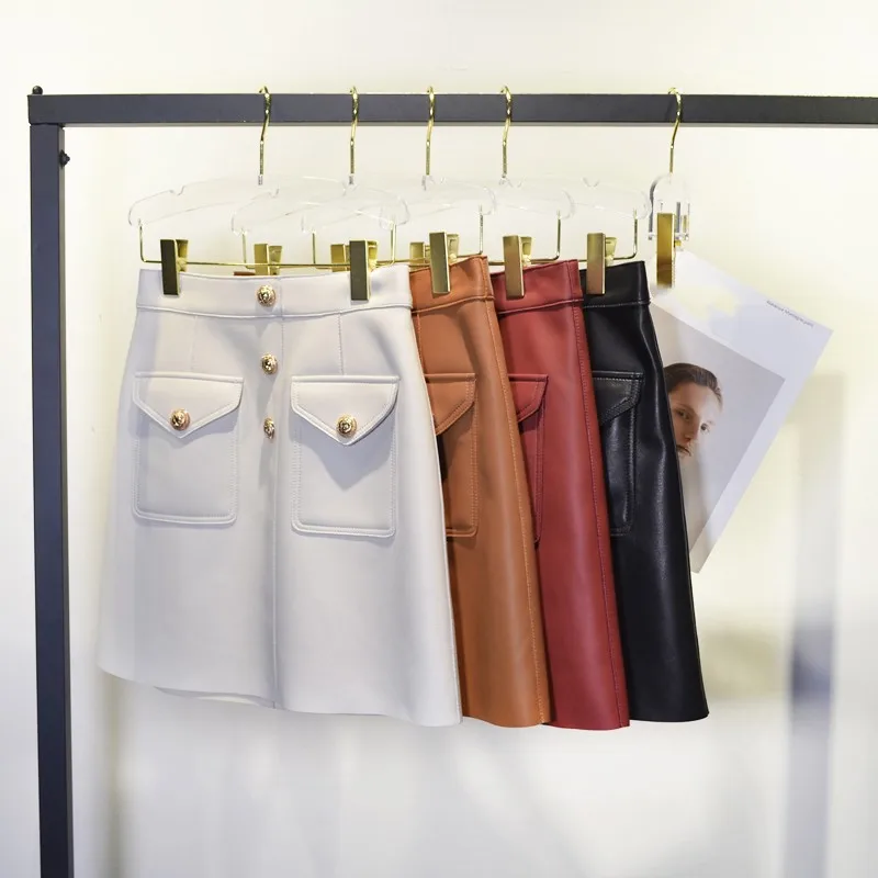 2023 Spring Hot Fashion Women's High Quality Pockets Sheepskin Leather A-line Skirt C192