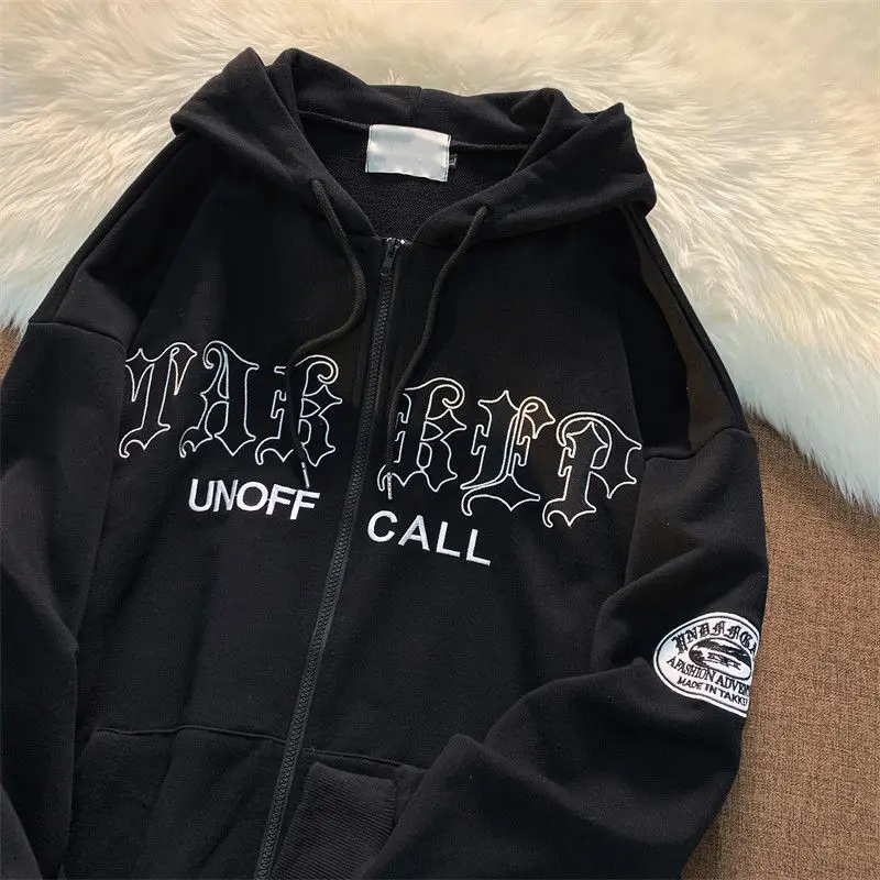 

Embroidery Y2k Hoodies Women Men Retro American Long Sleeve Zipper Pocket Long Sleeve Letter High Street High Street Coat Zippe