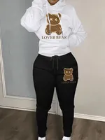 Autumn and winter women's loose and fashionable plus size cartoon bear print hooded sweater+woolen pants set - Image 4