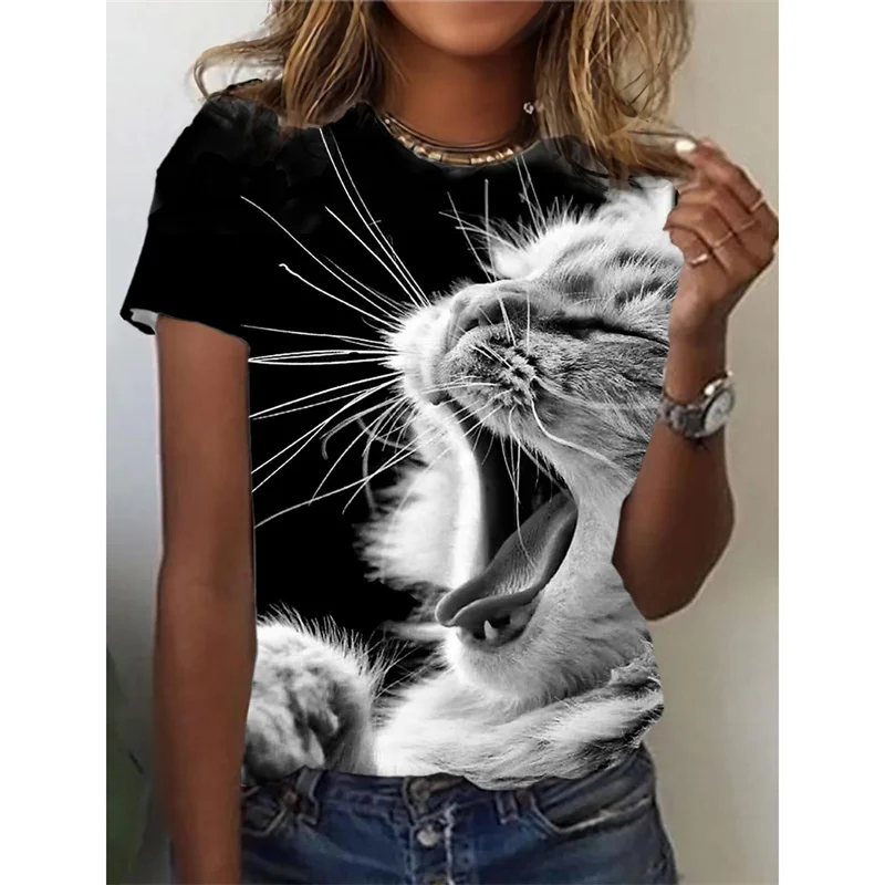 Funny Cat Pattern T-Shirt For Women Cute Pet Animal 3D Printed T Shirts Summer Fashion Tees Short Sleeves O-Neck Tops Streetwear 3