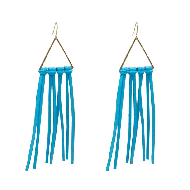 Cutout Copper Triangle Faux Suede Leather Fringe Earrings for Women Simple Boho Statement Earrings Gift for Her