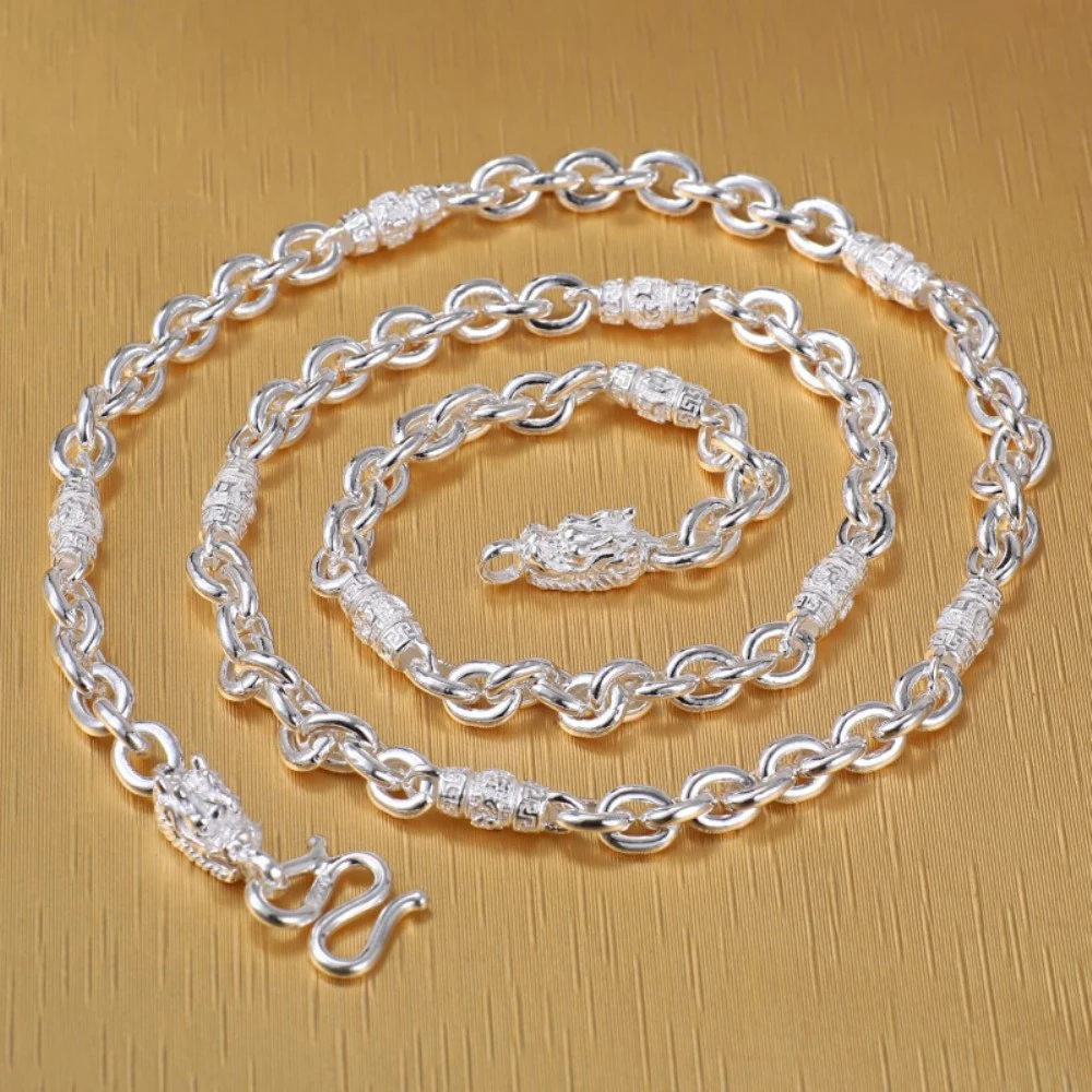 

Real Solid Fine Silver Men Lucky Six-word Motto Cable Chain Link Necklace Dragon Style