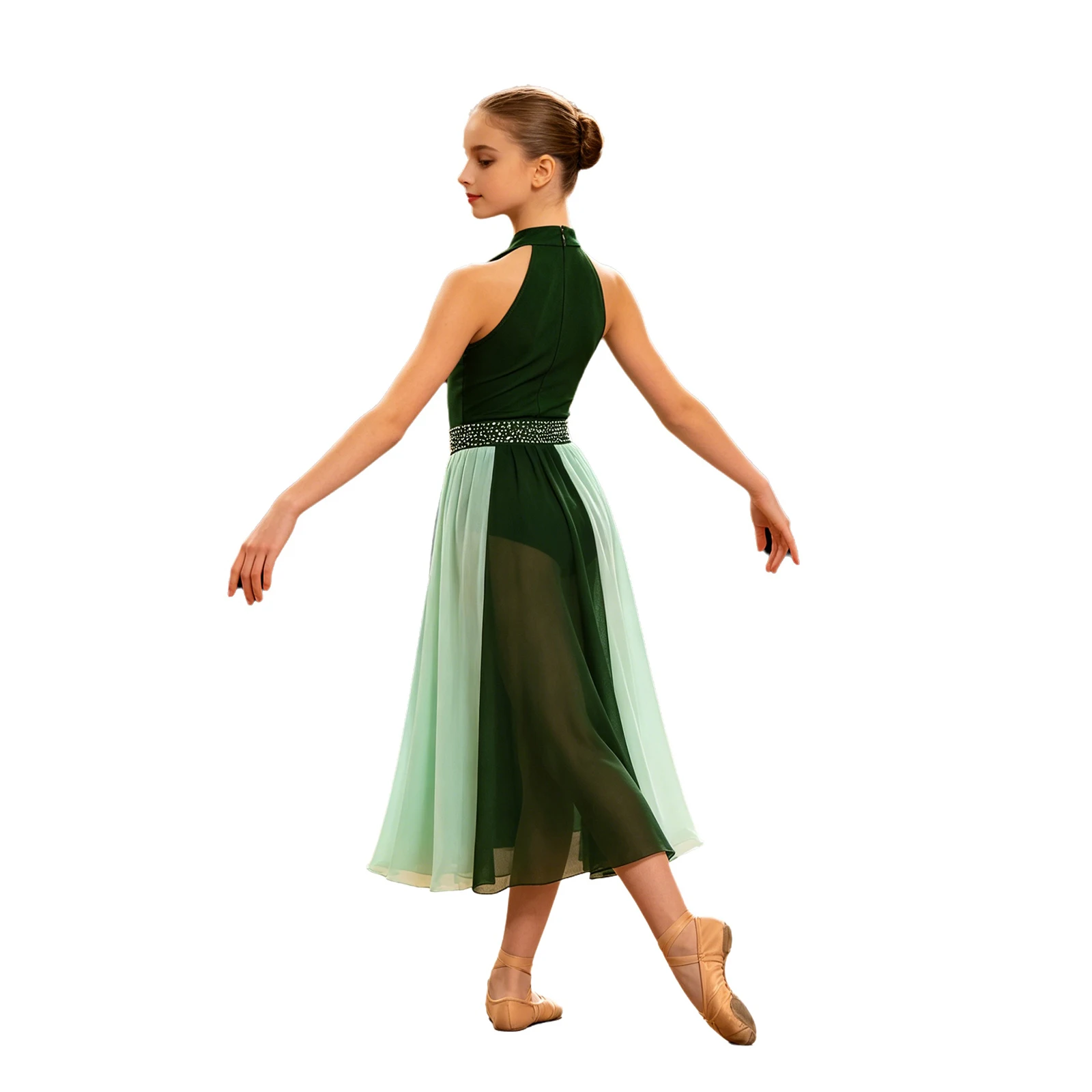 Mädchen Tanzkleid für Lyrischen und Zeitgenössischen Tanz, Ärmellos mit Strass, Seitenschlitz, Chiffon Eiskunstlauf Ballett Gymnastik Trikot – Detail 4