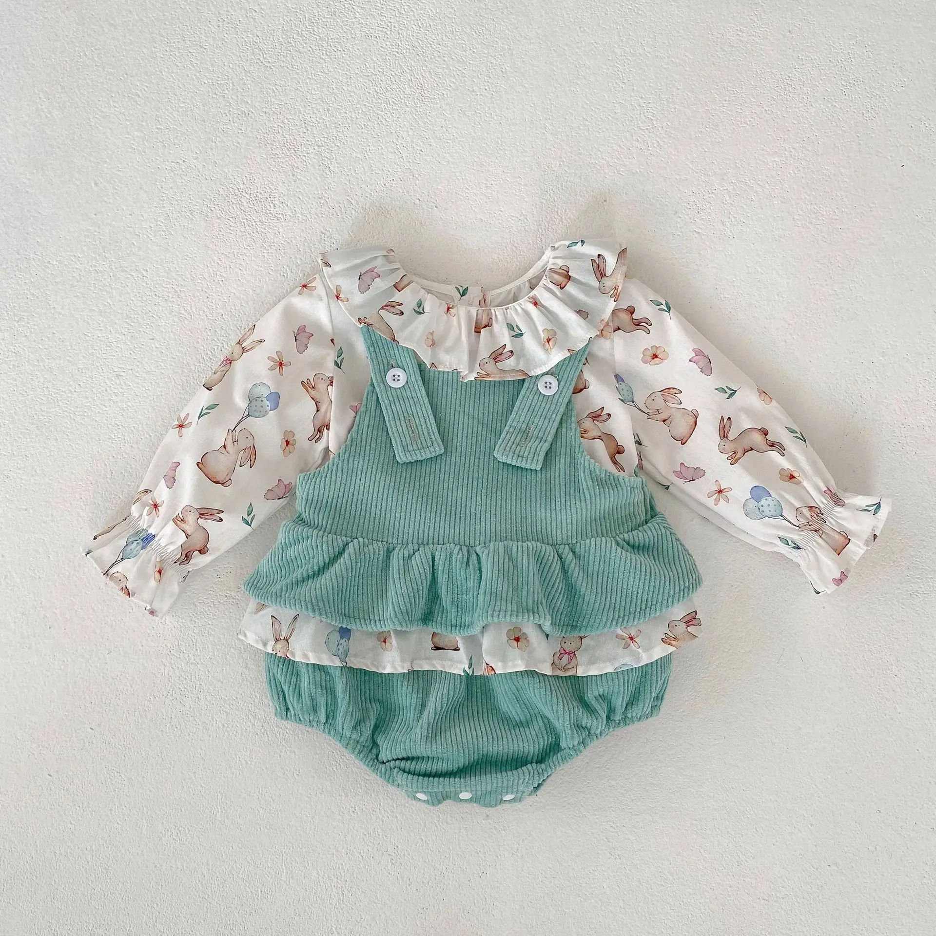 

Autumn Newborn Baby Girls Corduroy Overalls Sleeveless Romper Kids Bunny Print Long Sleeve Tops Cotton Toddler Girl Clothes Sets