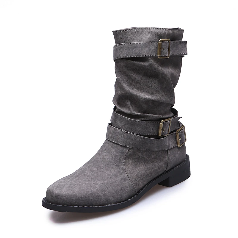 Women's Boots 2023 New Fashion Buckle Square Heel Middle Heel Calf Boots Autumn and Winter Outdoor Casual Botas De Mujer Women