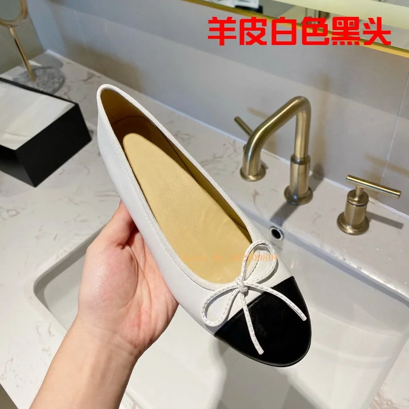 Women Flats Bowknot Flats Ballet Dance Shoes for Women's Four Seasons Sheepskin Real Leather Round Toe Shallow Mouth Comfortable Shoes