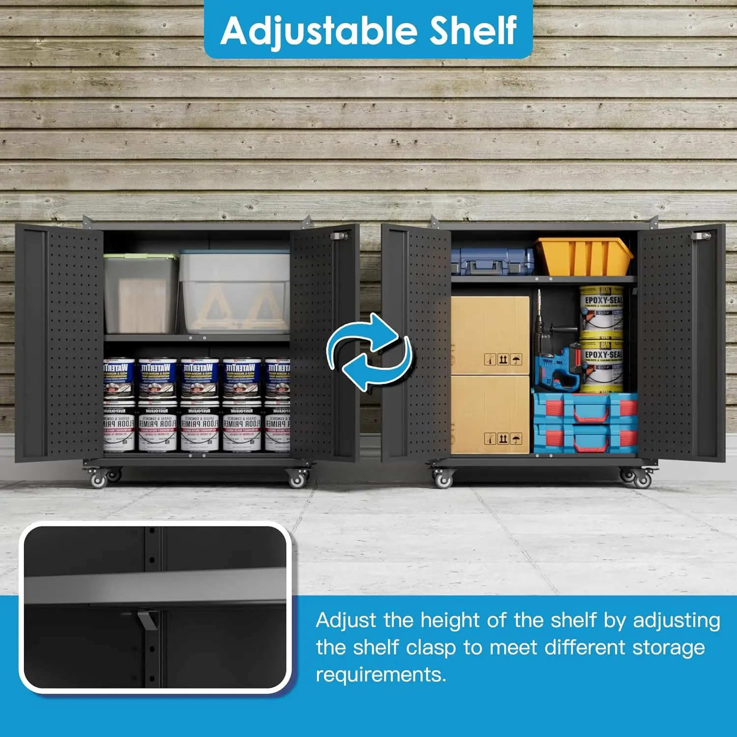 34.3 inch Lockable Metal Garage Storage Cabinet on Wheels — Black, 2‑Door Mobile Organizer 5