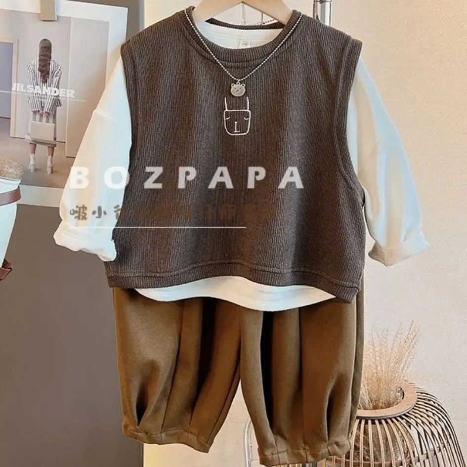 

Spring Winter Fashion Boys Comfortable Casual Kids Knit Korea Vest+TShirt+Pants Children Casual Pants 3Pcs Suits Sets Clothing