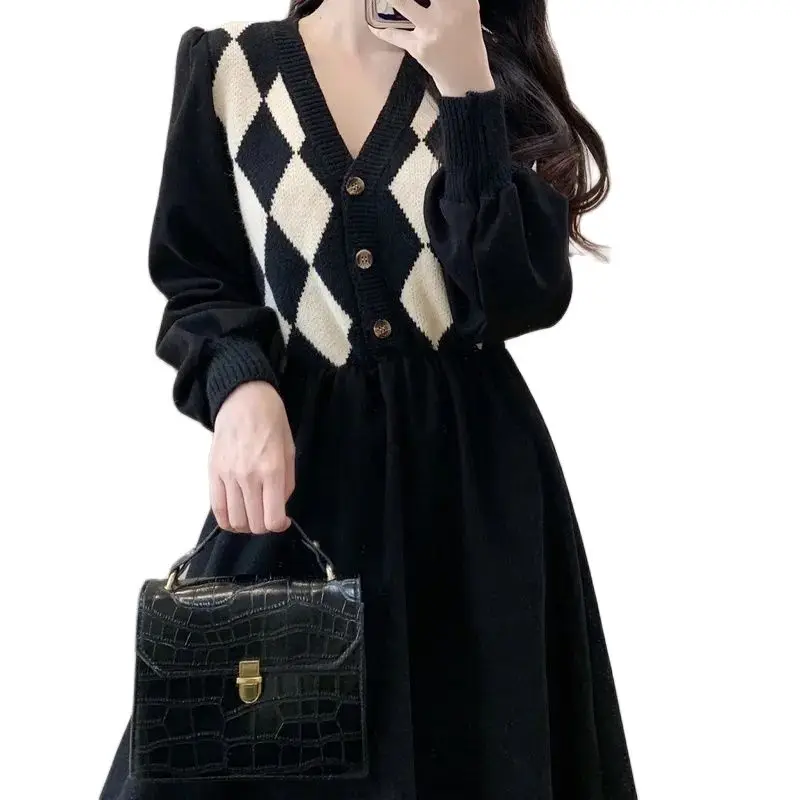 

Women's Knitted Skirt 2022 New Autumn Spring Sweater Slim Stitching Dress V-neck Female Temperament High Waist Slim Long A-Skirt