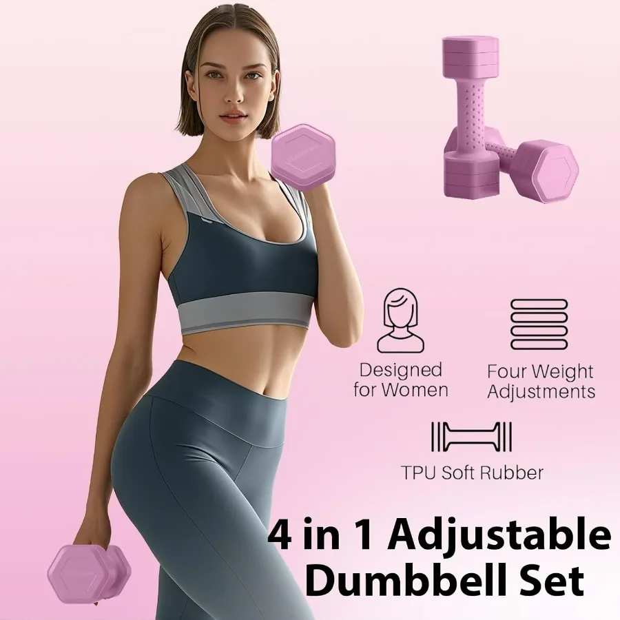 Adjustable Dumbbell Set of 2, 4 in 1 Free Weights Dumbbells Set, Hand Weights for Women at Home, 5 lb Dumbbells Set with Non-sli