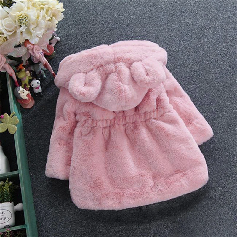 Winter Hairy Girl's Coat Baby Girl Solid Color Bear Ears Hooded Waist Zipper Warm Versatile Coat girls winter coat,girls outerwear