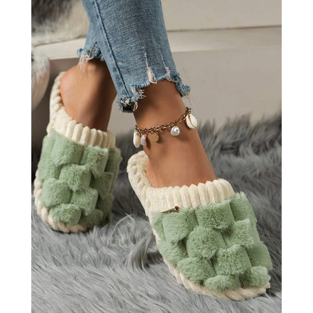 Home Fashion Women Flat Slippers Femme Contrast Paneled Geometric Indoor Slippers Fuzzy Lined Slipper Casual Winter Warm Shoes