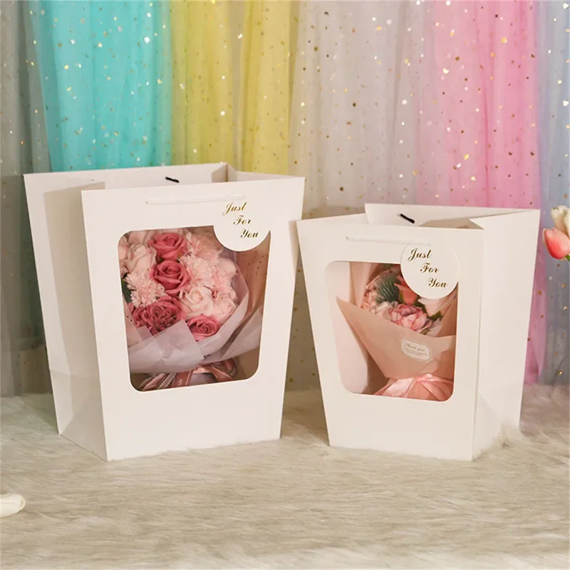 Trapezoidal Windowed Tote Bag Doll Bouquet Packaging Gift Paper Bag Flower Potted Plant Paper Transparent Flower Tote