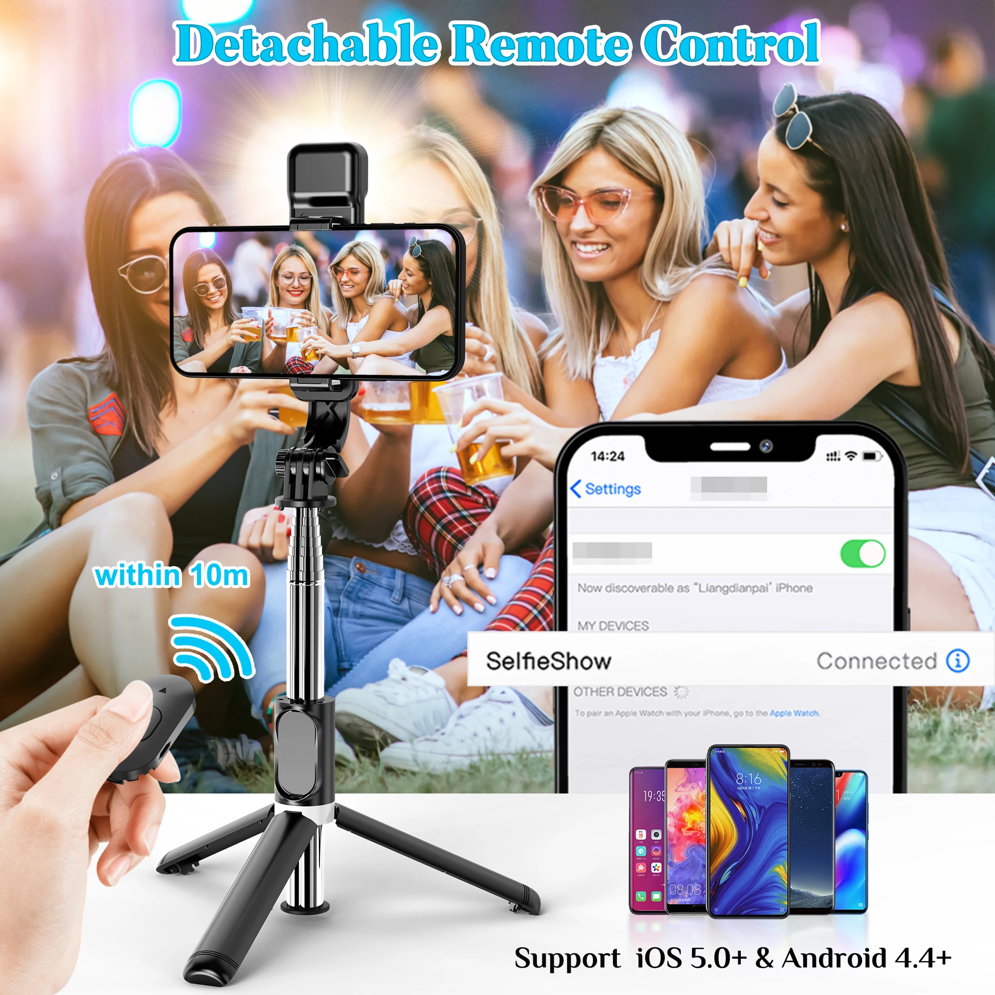 Selfieshow Q02s 필라이트 블루투스 삼각대, 셀카봉 접이식 휴대용 스탠드, 삼각대 안정기, 화웨이 안드로이드 iOS 거치대