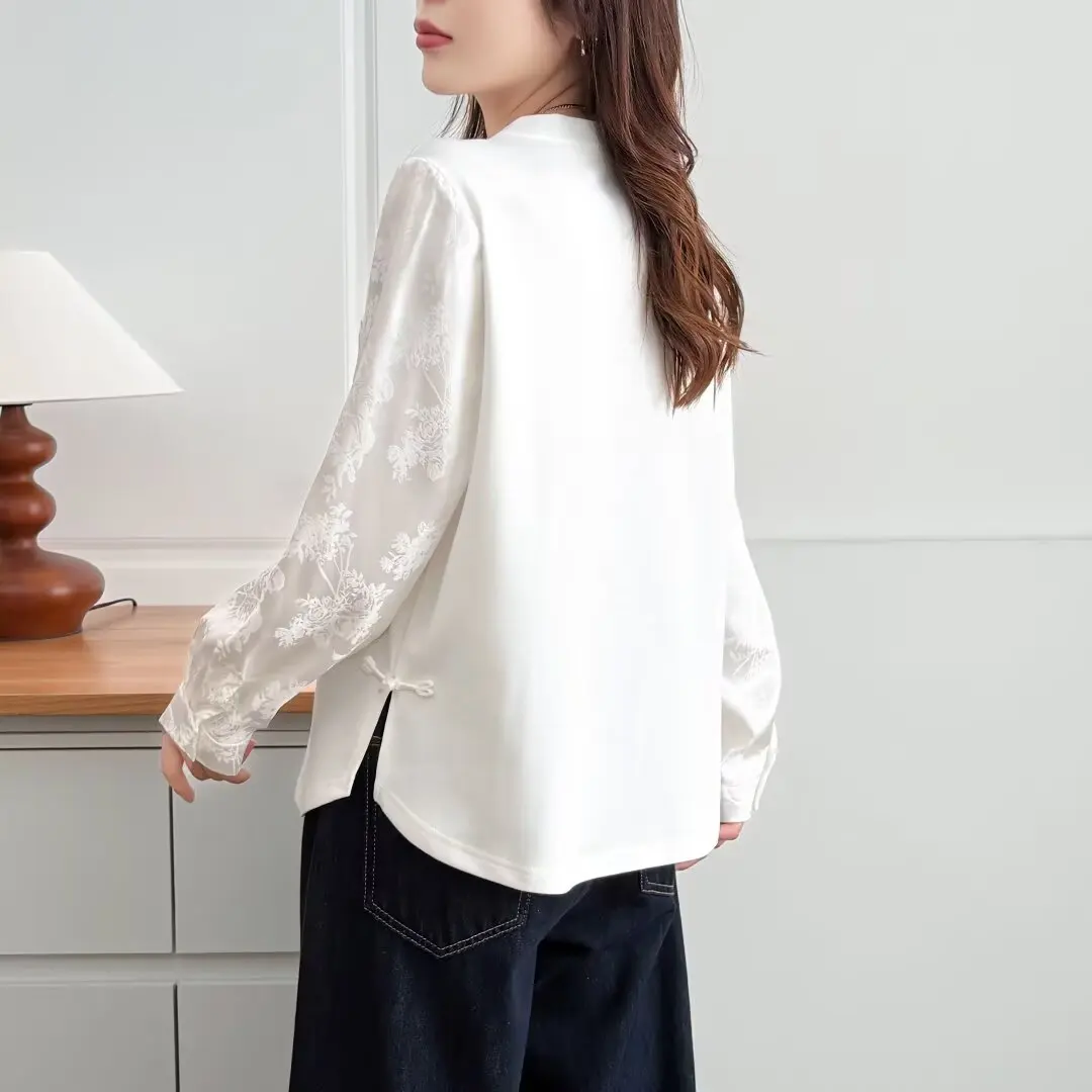 XXXXL Fashion Plus Size Women's T-Shirt 2025 Autumn New Chinese-style Satin Patchwork Long Sleeved Top 2566