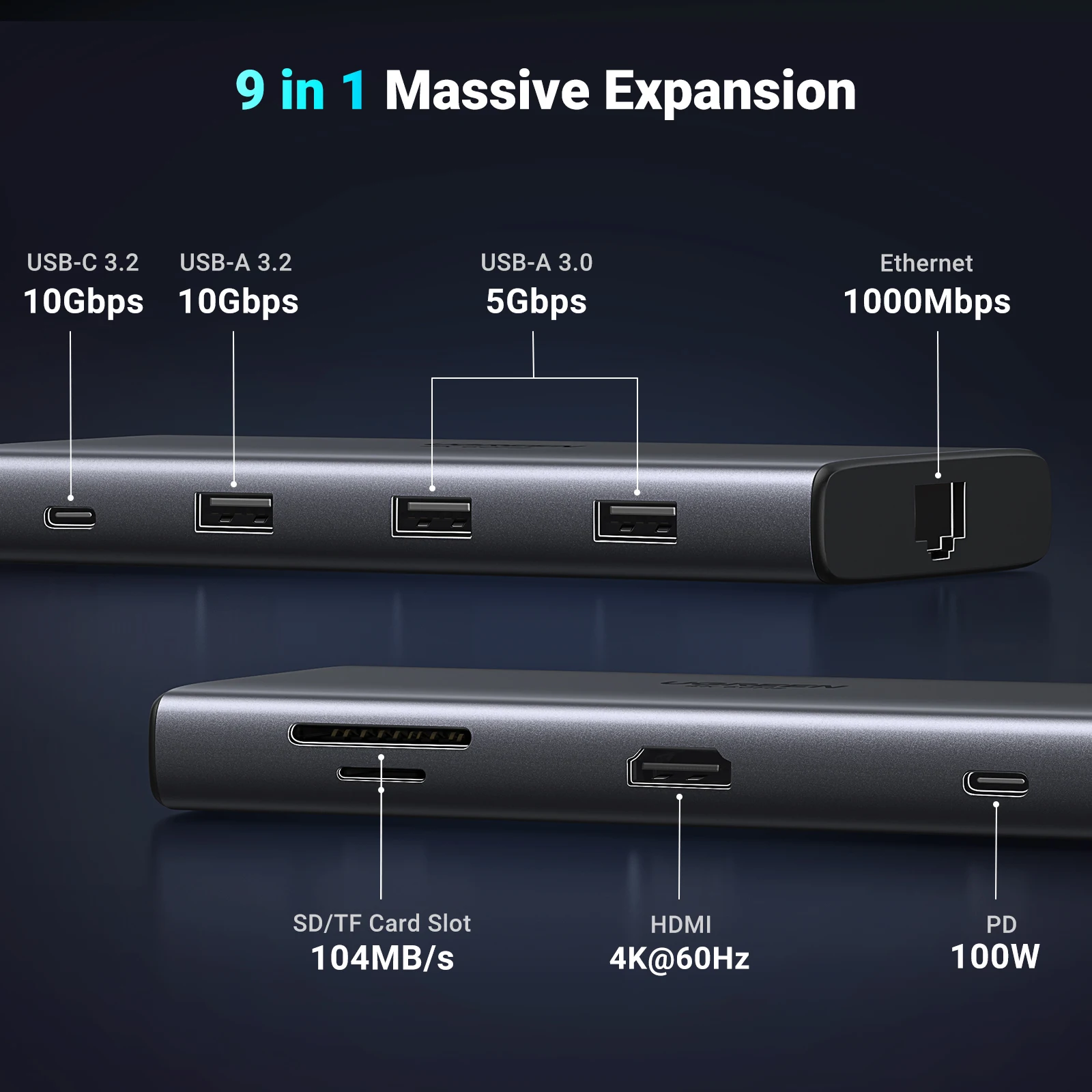 Hub USB-C 9-en-1 Double HDMI - 4K 60Hz, Ethernet Gigabit, 100W PD, Ports USB, Lecteur SD, Pour MacBook/PC