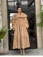Manteau Long en fourrure d'angora pour femme, jupe de Style coréen, ourlet, manches lanternes, col de poupée lapin, vêtements d'extérieur, automne et hiver 4