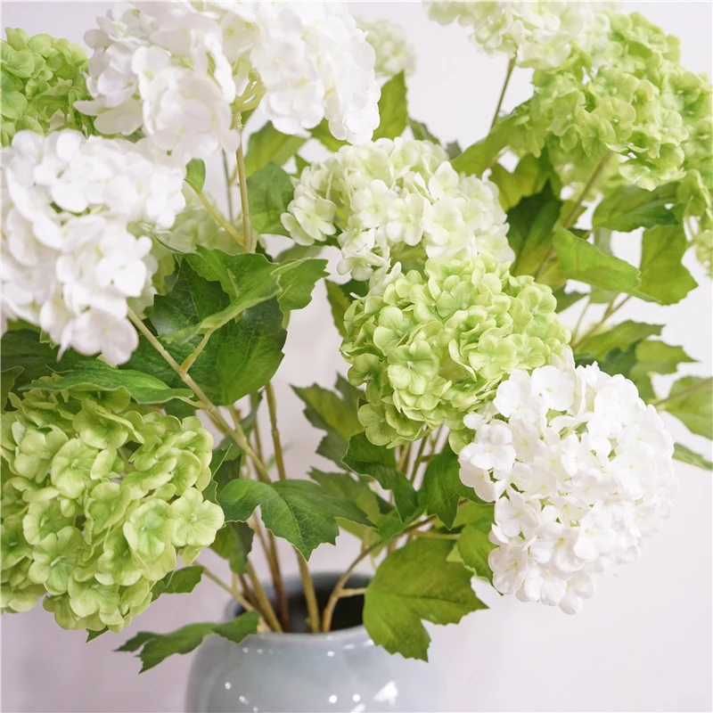 Artificial Flowers Real Touch 3 Heads Small Hydrangea Flowers Branch with Green Leaves Silk for DIY Wedding Home Room Decoratio
