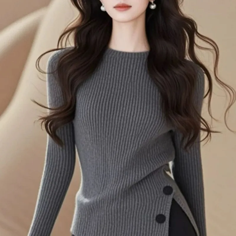 Autumn Winter Fashion Simple Knit O-neck Sweaters Women's Vintage Chic Asymmetrical Pullovers Office Lady Elastic Slim Solid Top 5