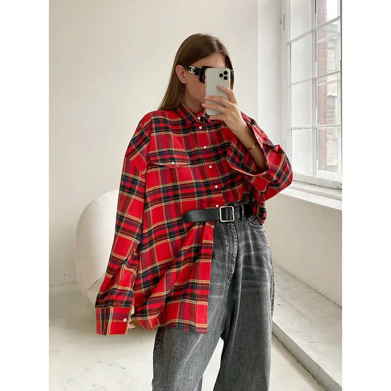 Spring 2023 Bright Gingham Oversized Shirts For Women Street Style Casual Shacket Blouses And Tops Single-Breasted vintage