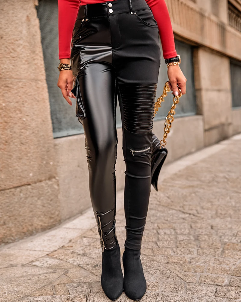 black pants High Waist Zipper Patchwork PU Leather Trousers Spring Casual Pocket Slim Pleated Long Pencil Pants capris